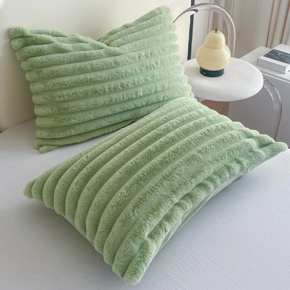 Mint Green Soft Faux Fur Bedding Set Striped Comforter Shams King Size Bed New - Picture 2 of 10